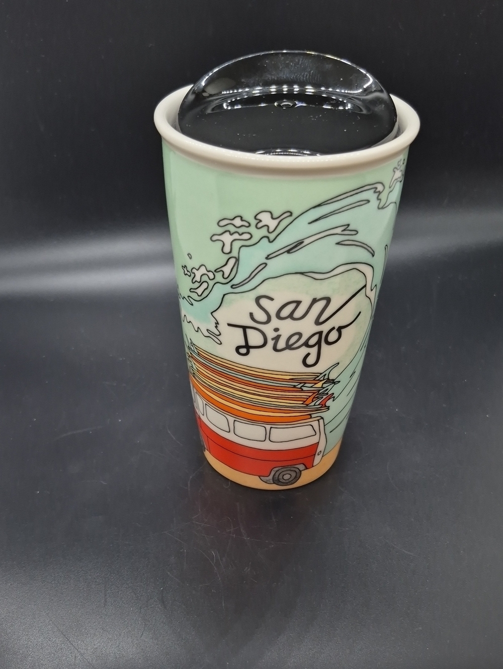 Starbucks San Diego Ceramic Travel Tumbler Mint Green Surf & VW Van Design 12 OZ